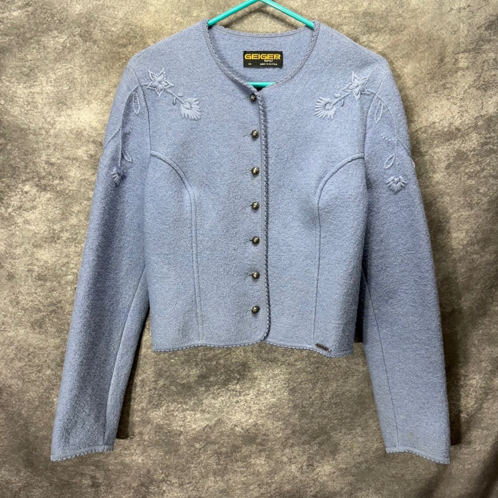 Geiger Tyrol Austria Blue Boiled Wool Floral Embroidered Cardigan Jacket Size 40